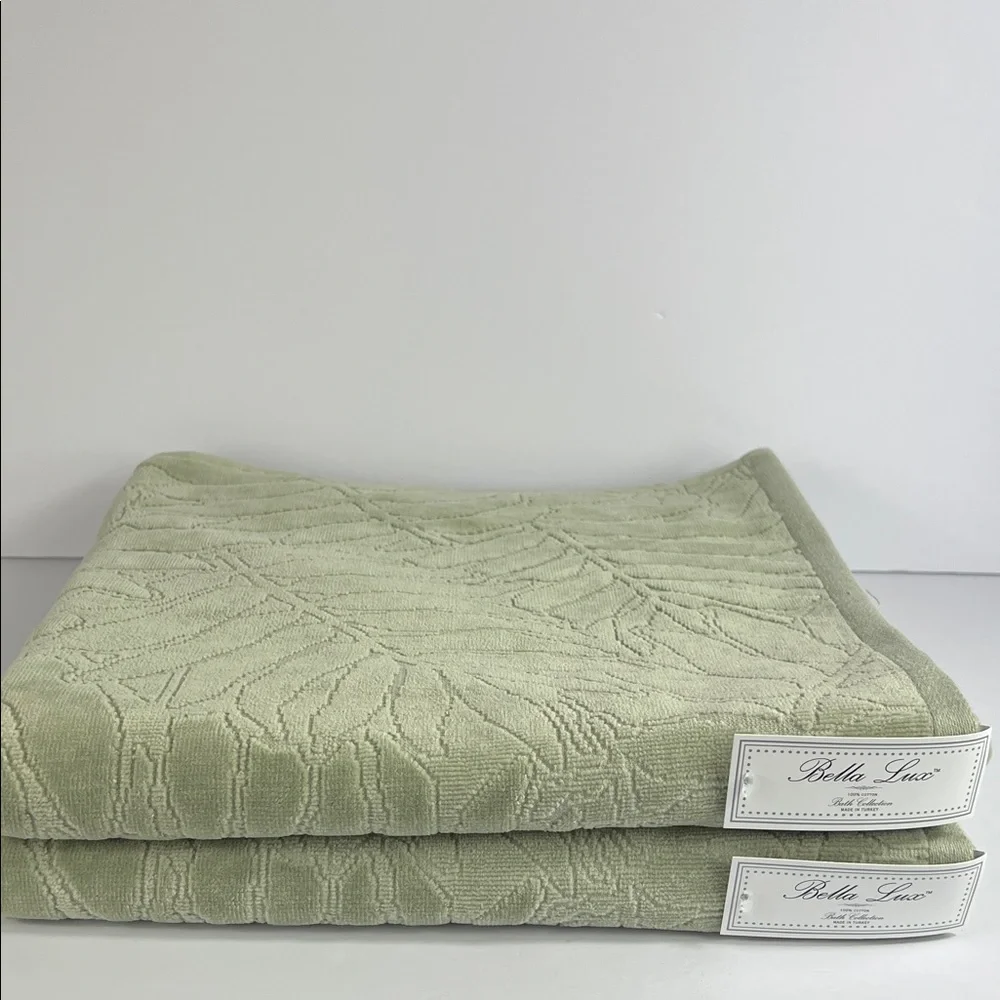 Bella Lux Fine Linen Bath Towels Light Green Leaf Pattern Luxury Cotton 2Pc NEW